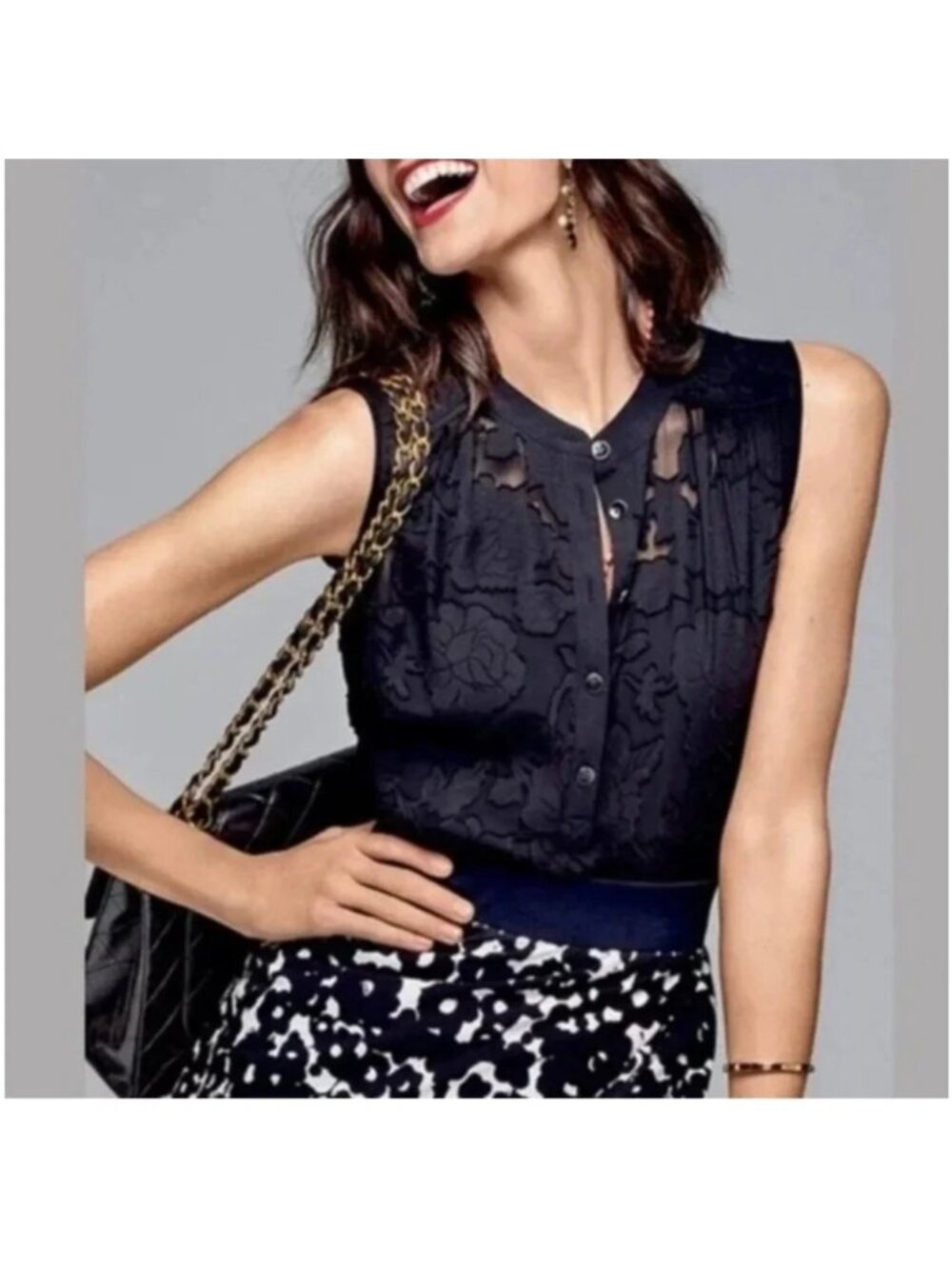 CABI Clip Art Sleeveless Blouse Burnout Floral Print Black Sz M #5346 EUC